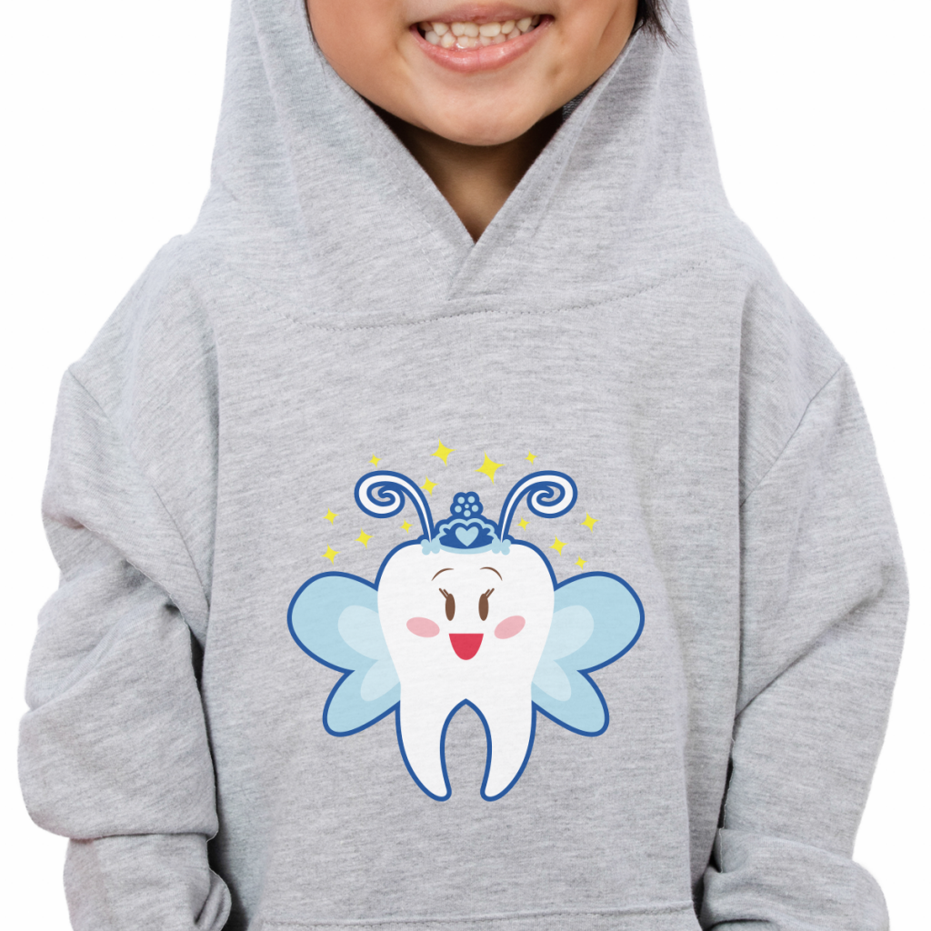 kid wearing hoodie with tooth fairy design