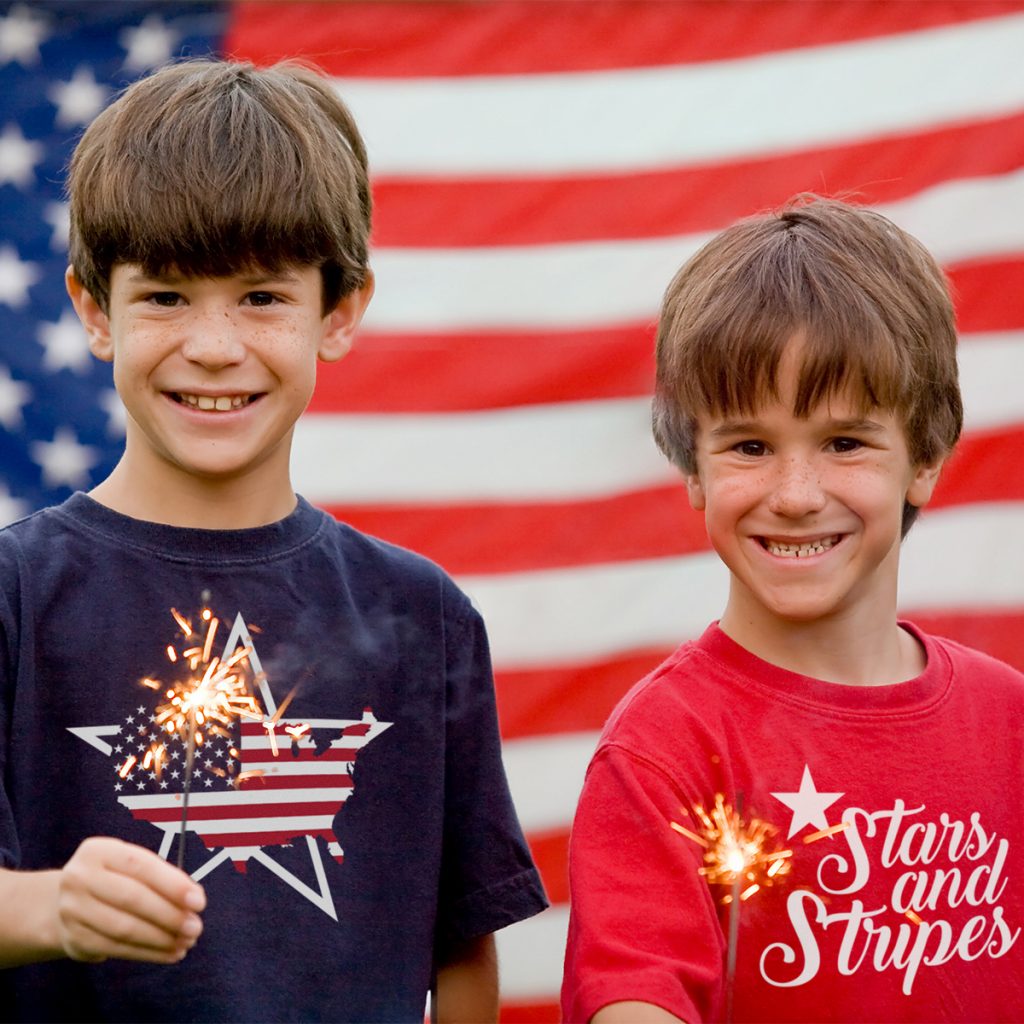 Boys at Twilight Holding Sparklers in Front of Flag with labor day t-shirt designs