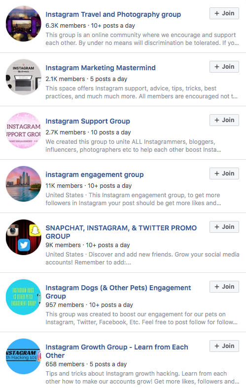 Example of Instagram's Groups on Facebook