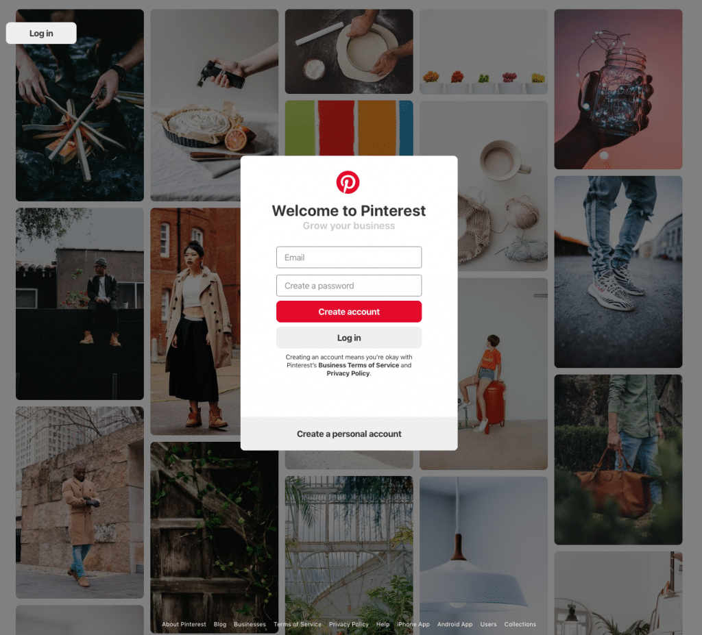 Pinterest Business Account Sign Up Page